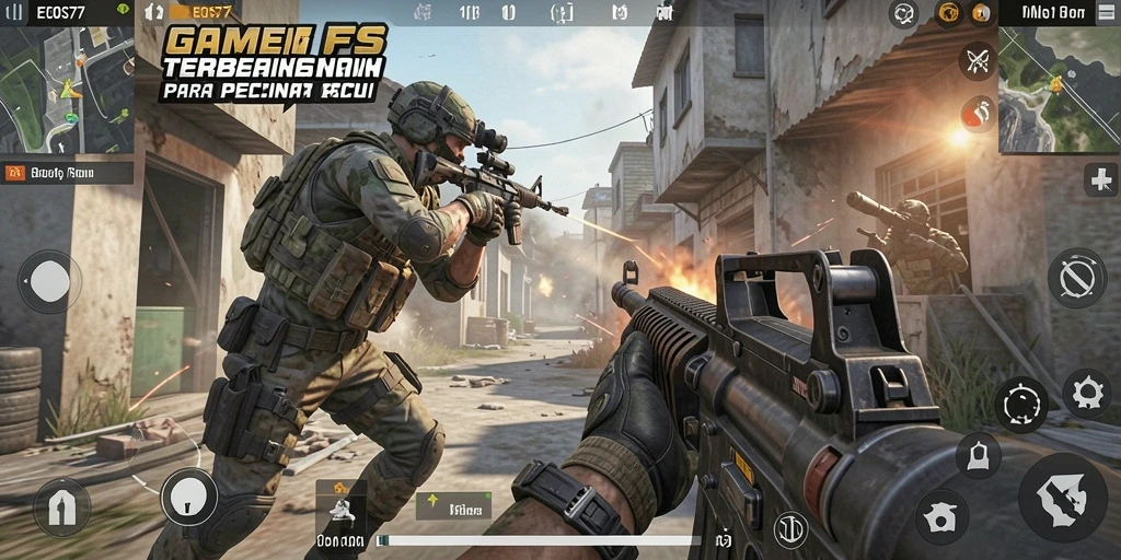 Screenshot dari gameplay EOS77 memperlihatkan aksi tembak-menembak yang mendebarkan.