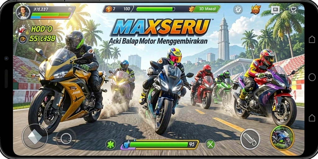 Tampilan gameplay balap motor di MAXSERU yang seru dan menarik.